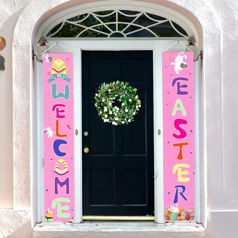

Happy Easter Door Curtain Banner Bunting Easter Decoration For Home Front Porch Sign Hanging Flag Easter Party Decor Poster