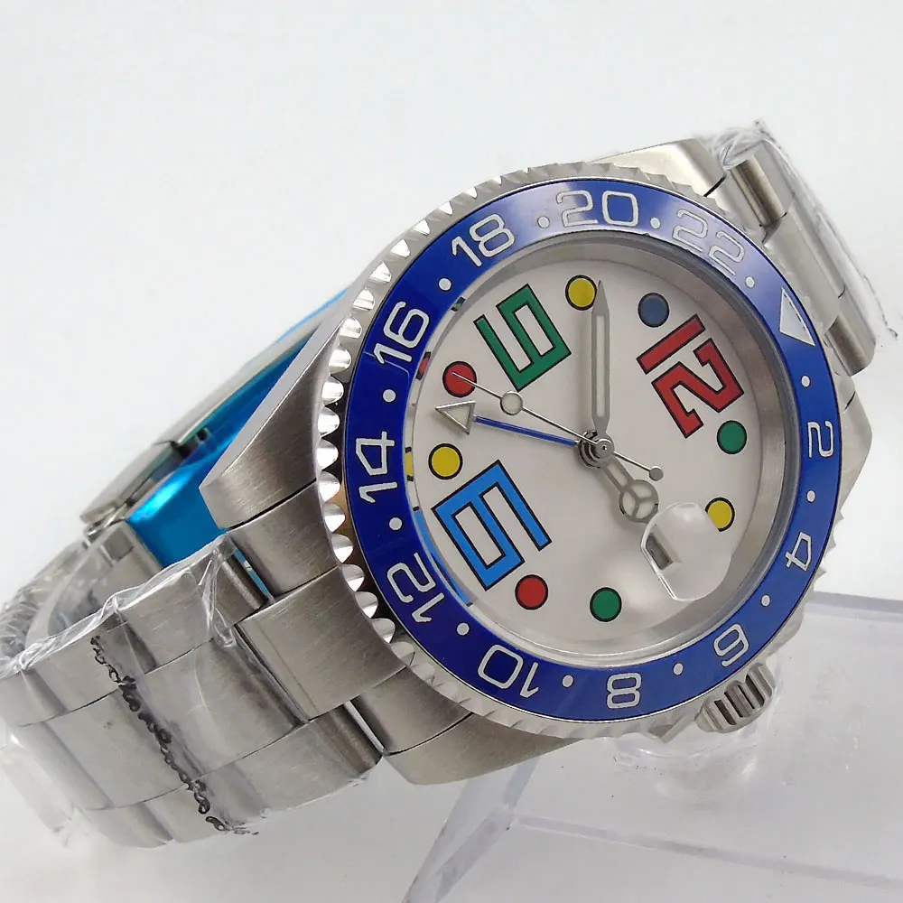 

40 мм, белый циферблат, самообмотка, автоматические мужские часы GMT, движение, сапфировое стекло, браслет, ремешок, окно даты