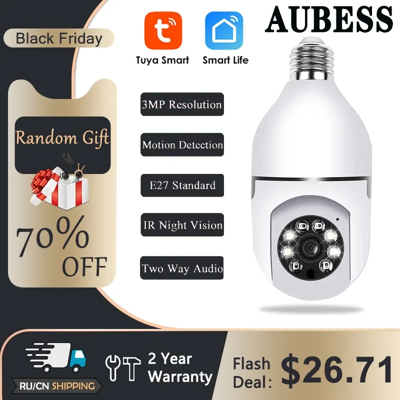 

E27 Bulb Lamp Camera 1080P Wifi IP PTZ IR Nightversion Home Security 2MP Tuya Smart Life Auto Tracking Video Surveillance Camera