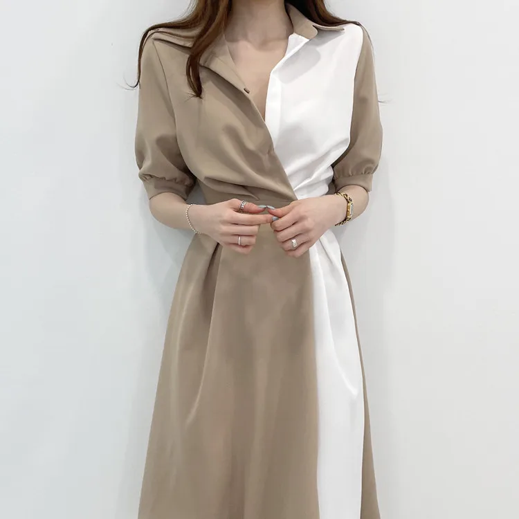 

Summer Fashion Women's Stitching Shirt Dress Office Half Sleeve Lapel Color Contrast Mixi Dress Female