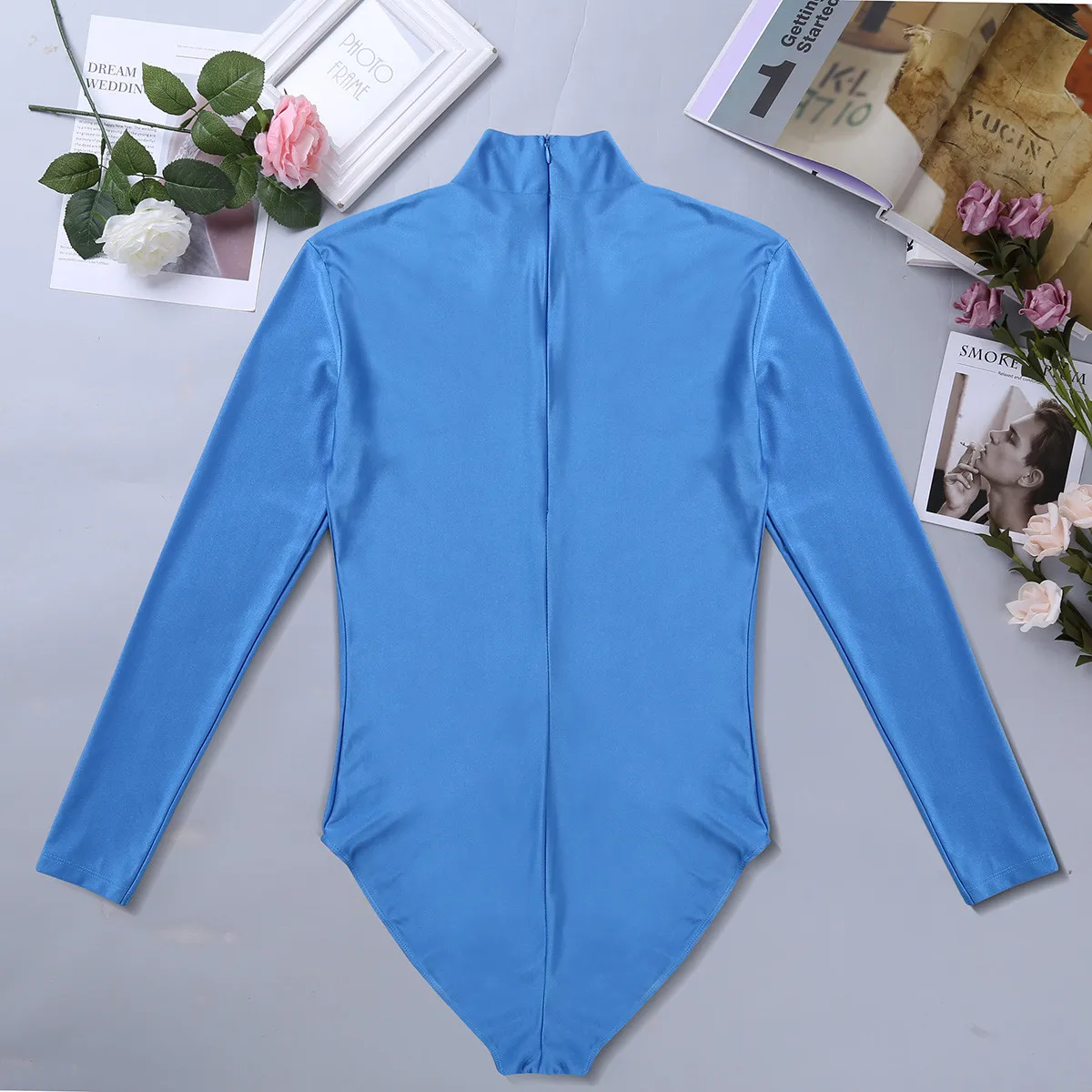 Mens One-piece Swimsuit Long Sleeve Stand Collar Stretch Solid Cosplay Costume Leotard Bodysuit Jumpsuit