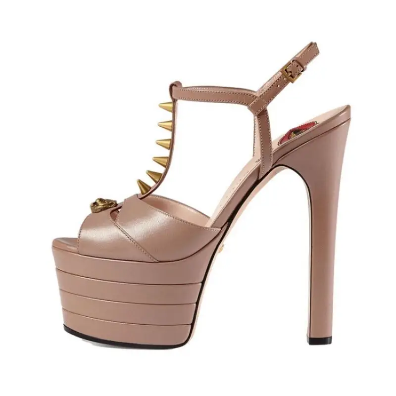 

2021 Fashion Women's High Heels Ladies Sandals Rivets Metal Decoration Round Open Toe High Heels Women