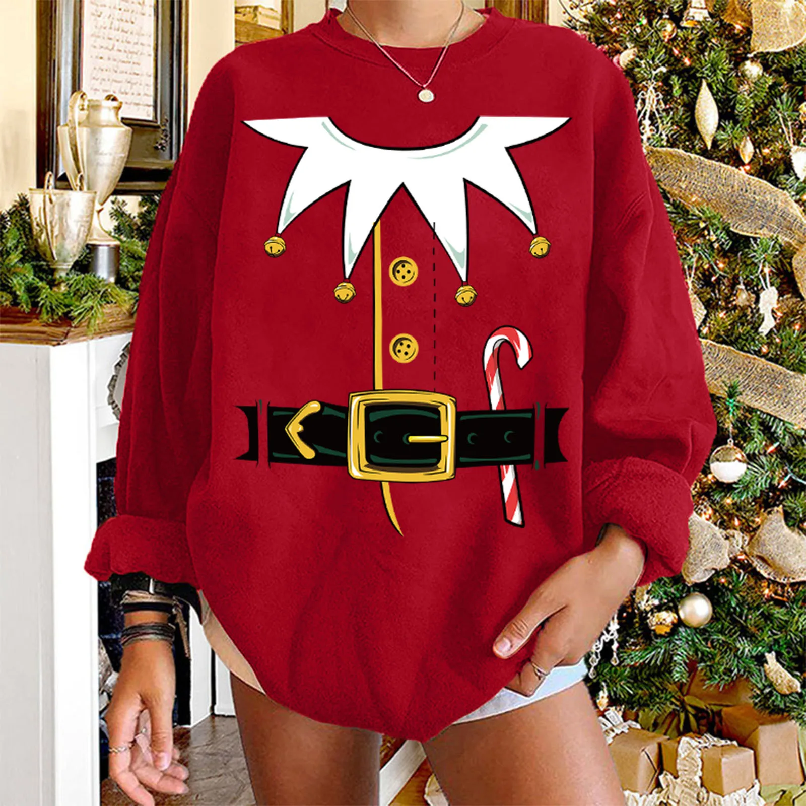 

Women Sweatshirt Loose Christmas Crewneck Long Sleeve Casual Basic Pullover Top Large Print Round Neck Drop Shoulder Sweater