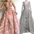 Вечернее платье YeWen, с длинными рукавами, кружевное, с цветочной аппликацией, V-образным вырезом, жемчугом, 2020