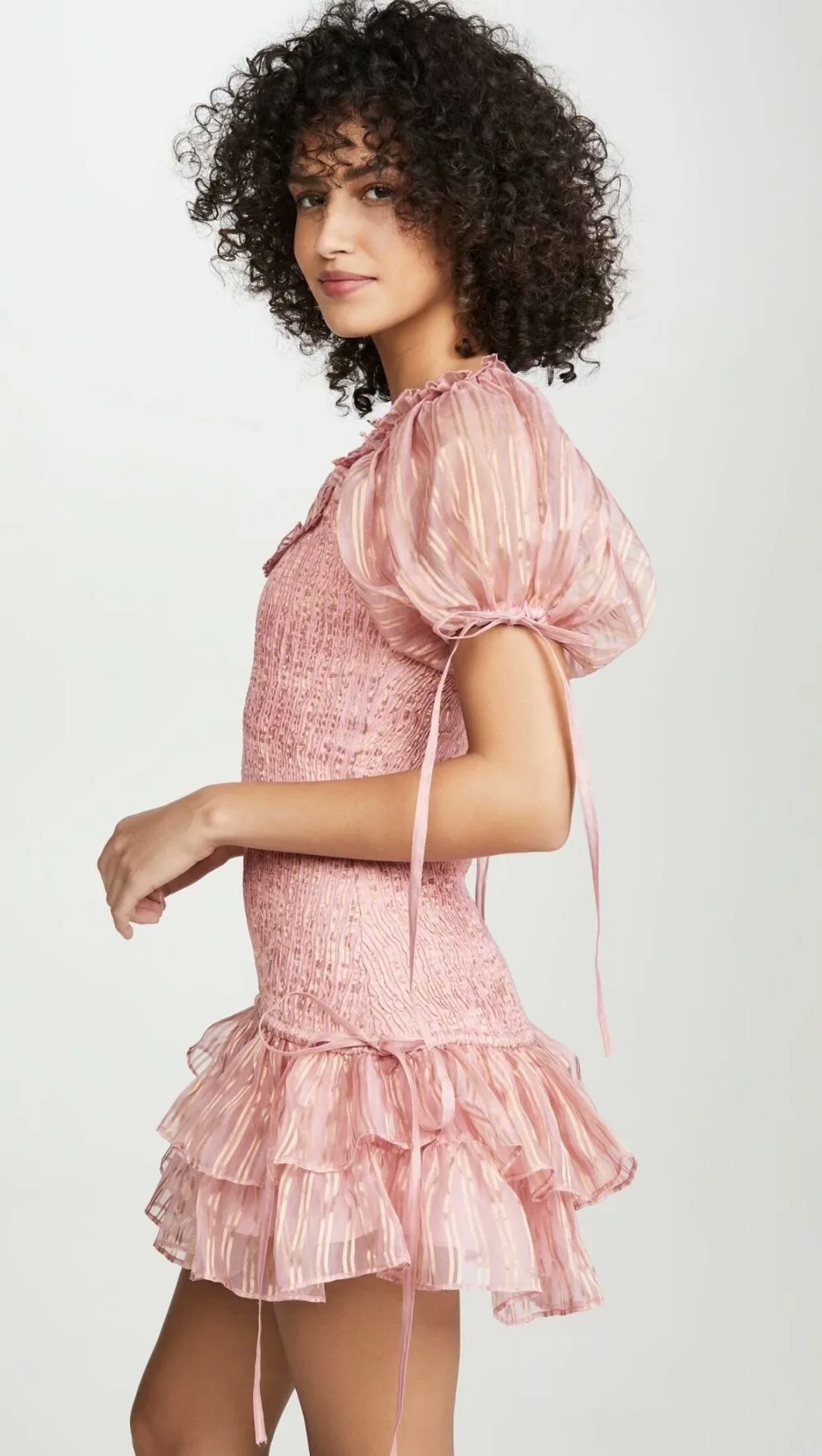 Linjiashop Loveshackfancy autumn pink dress short sleeve vintage slim special chiffon ruffles mini dress dropshipping