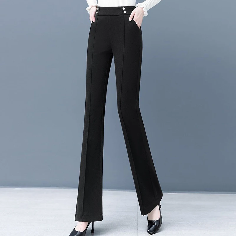 

Office Lady Elastic High Waist Slim Woolen Flare Pants Solid Bell Bottom Pants Women Spring Autumn Elegant Trousers Female