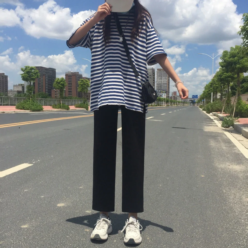 

Summer new black straight pants for female students Korean version loose and thin high waist nine point casual pants wide leg