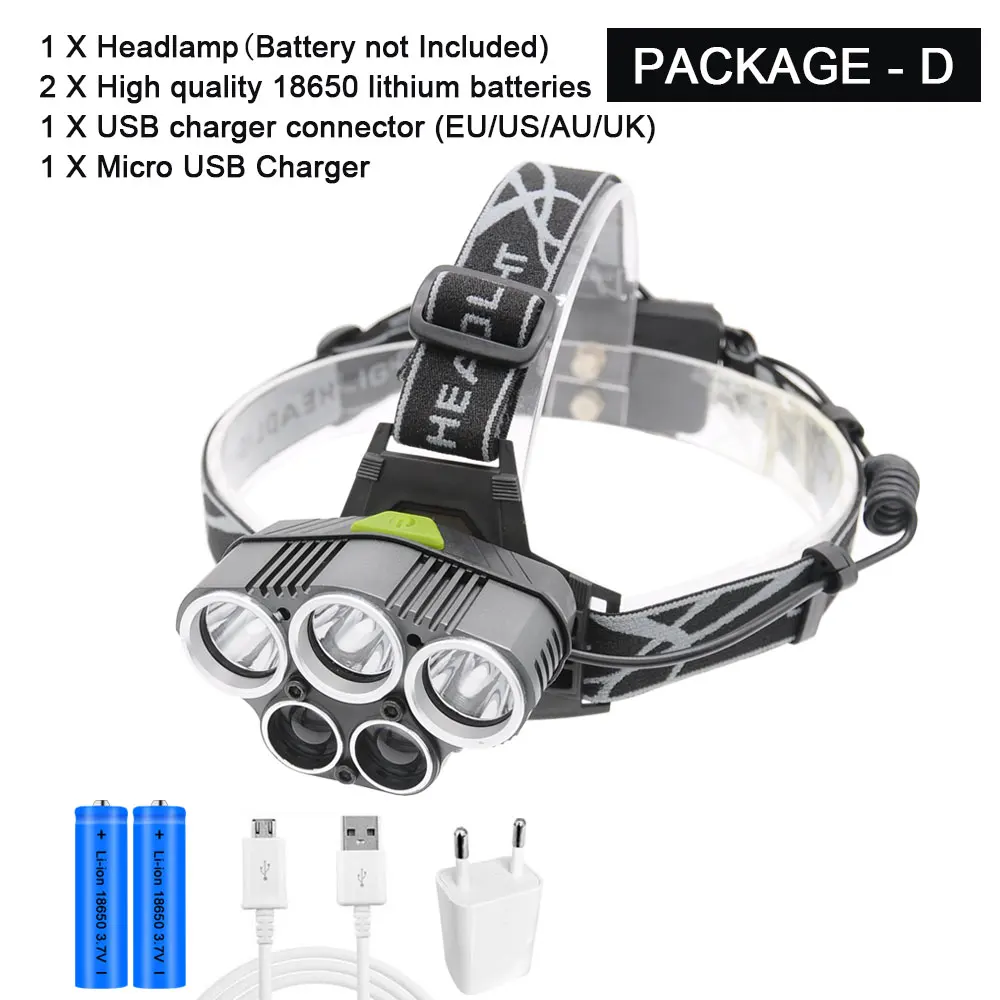 Package D USB Перезаряжаемый светодиодный налобный фонарь 3 белый+ 2 синий светильник водонепроницаемый светодиодный налобный светильник для рыбалки с 18650 батареей - Испускаемый цвет: Package D
