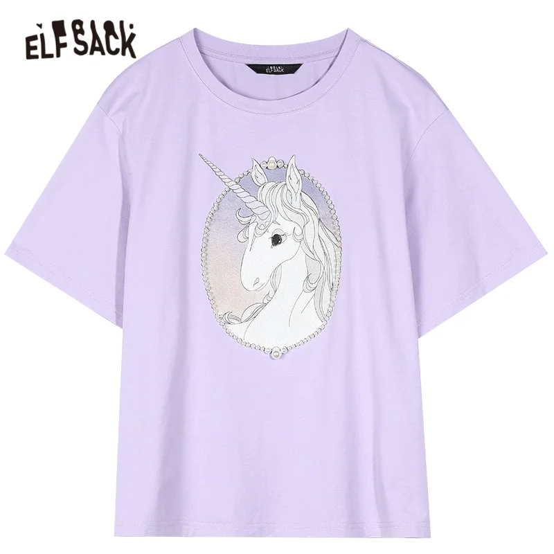 

ELFSACK Harajuku Lavender Unicorn Print Casual T-Shirt Women Tops 2020 Summer ELF Black Pearls Beaded Korean Ladies Basic Tee