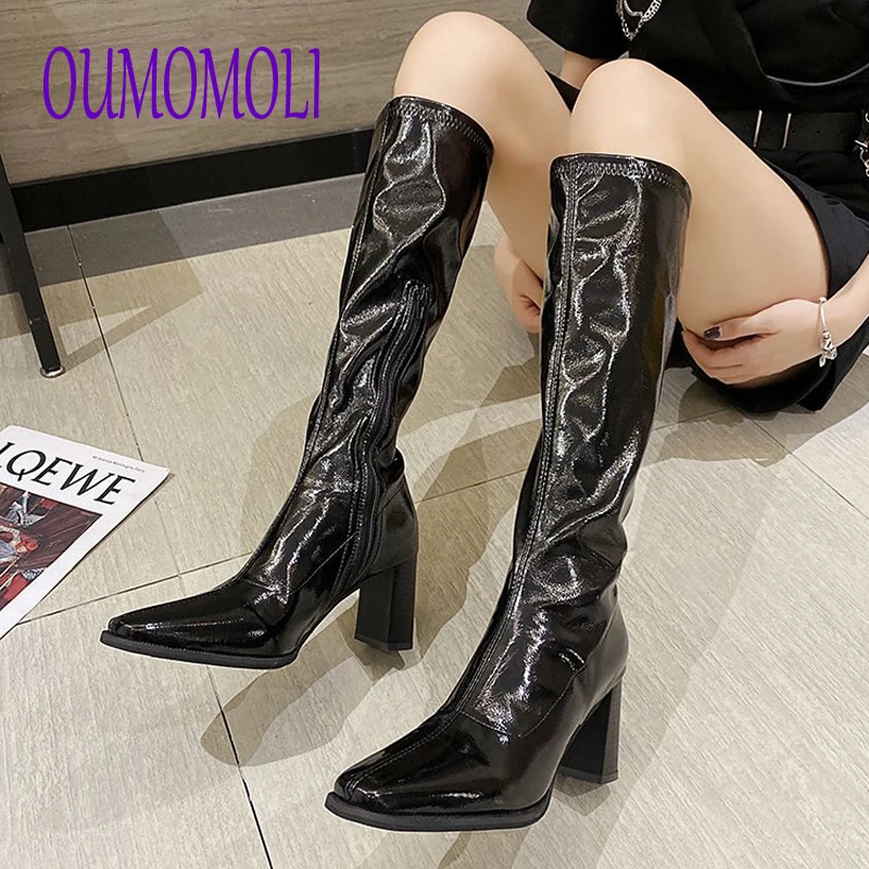 Женские сапоги до колена черные на толстом высоком каблуке без застежки V345 зима