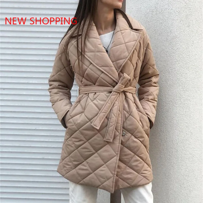 Casual Rhombus Cotton Coats Women Winter Parkas Sashe Lae Up Long Deep Pockets Straight Jackets Female 2023 Warm Outerwear Brown