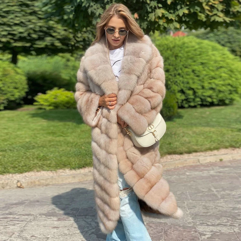 

110cm Long Real Fox Fur Coats for Women Fashion Light Khaki Color Turn-down Collar Whole Skin Fox Fur Coats Genuine 2021 Winter