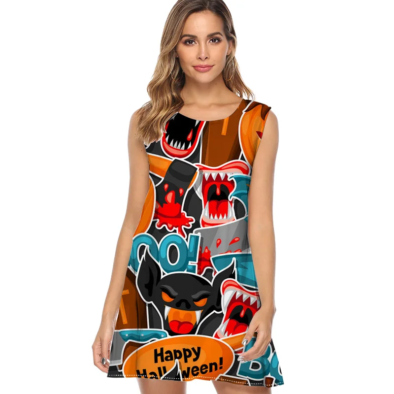 

Halloween pattern with smiling pumpkins Cute Dress Women Dress Print Sleeveless Summer Dress women 2019 Casual o neck Dresses