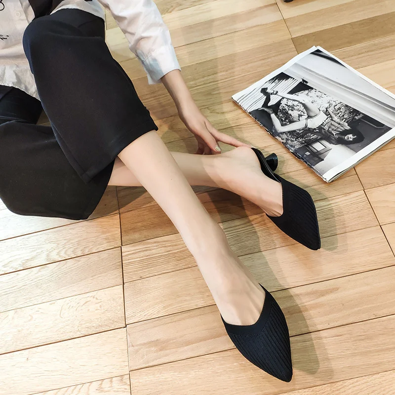 

Woman Pointed Toe Shallow Stretch Knitted Fabric Slippers Fashion Casual Comfy Slides Solid Brief Female Mules Shoes