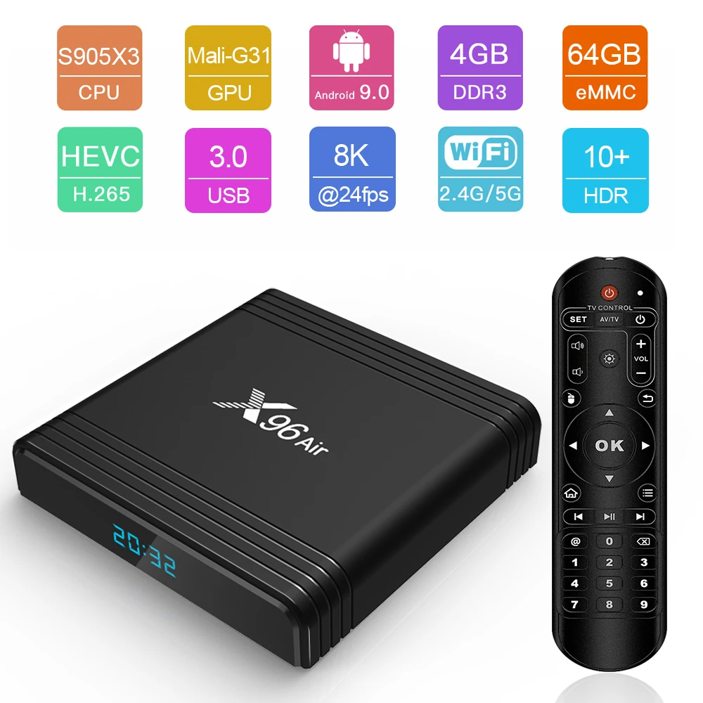 

X96 Air Smart ТВ коробка 8K декодирования видео Amlogic S905X3 ТВ коробка Android 9,0 4 ГБ/64 Гб UHD 4 к HD медиа плеер 2,4 г/5G Wi-Fi Декодер каналов кабельного телевиден...