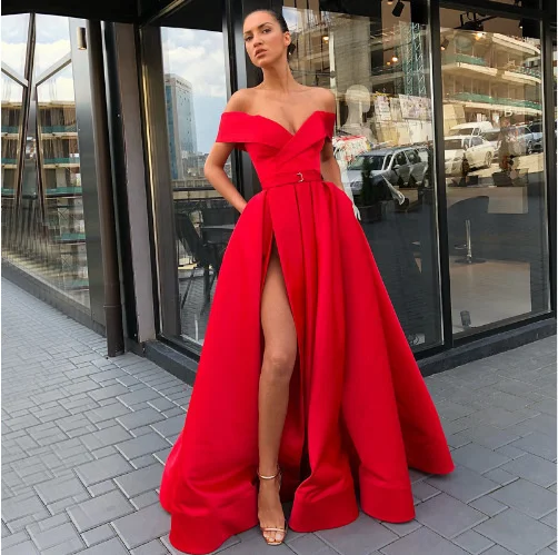 

Evening Dress New Sexy Deep V-neck Flush Long High Split Red Banquet Evening Dress