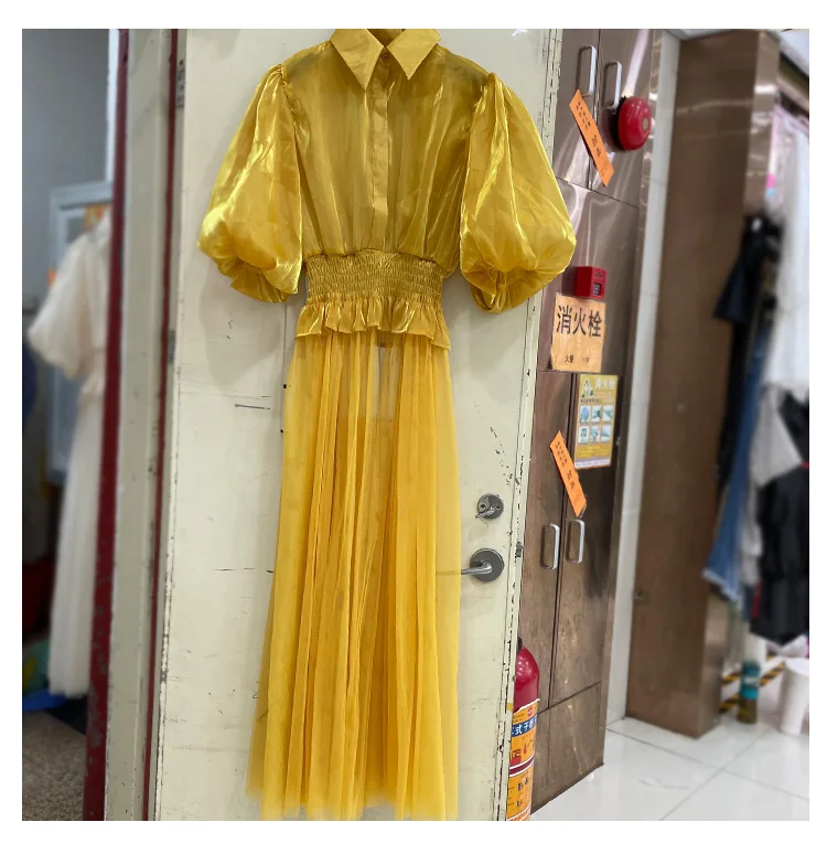 

Casual Sheer Mesh Patchwork Maxi Shirt Sexy Turn Down Collar Puff Sleeve Blouse Shirt Long Dress New Fashion