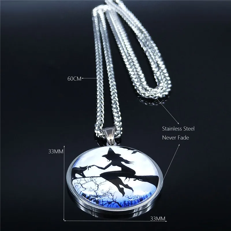 

Witch and Cat Stainless Steel Necklaces for Women Silver Color Witchcraft Long Necklace Chain Jewelry cadenas para hombre NXS03