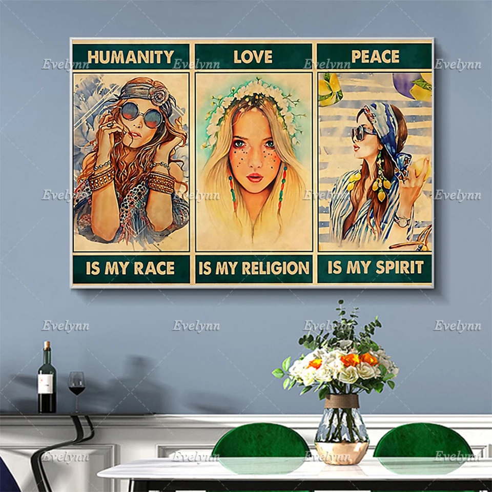 

Vintage Hippie Girl Poster/Love Hippie Girl Home Decor Canvas Wall Art Prints Living Room Decoration Unique Gift Floating Frame