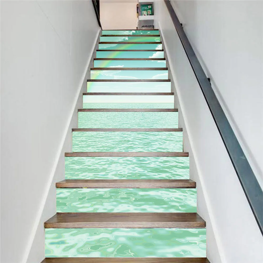 13Pcs/Set Green Sea Rainbow Stair Sticker Pvc Self-Adhesive Creative Living Room Decoration Home Waterproof Wall Stairs | Дом и сад