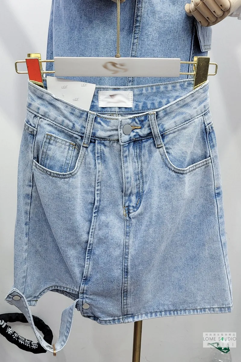 

Denim Skirt Women's Hole A Line Irregular Niche Hip Skirt Hollow Buckle Light Blue High Waist Short Skirt