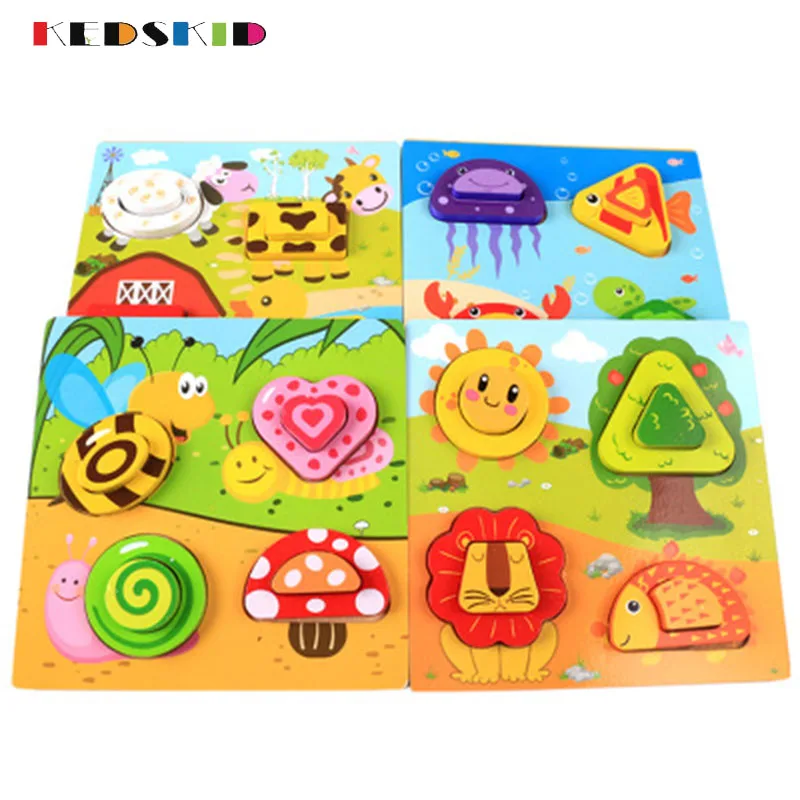 Мультяшные животные рыбы геометрические деревянные пазлы раннее ducatial платье