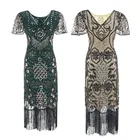 Женское длинное платье-Чарльстон 1920-х годов, винтажное платье-Чарльстон с V-образным вырезом, блестками и бусинами, вечернее платье макси, женское платье