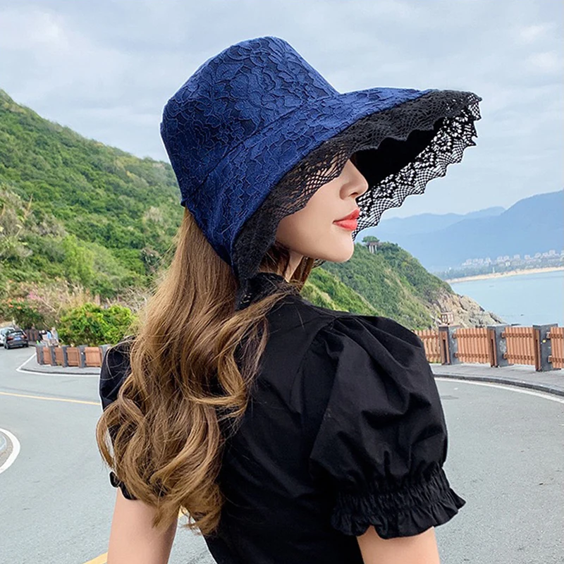 

Big Wide Brim Lace Sun Hat Summer Church Wedding Hats Packable Bucket Hat Women Elegant Beach Sun Protection Malleable Form Caps