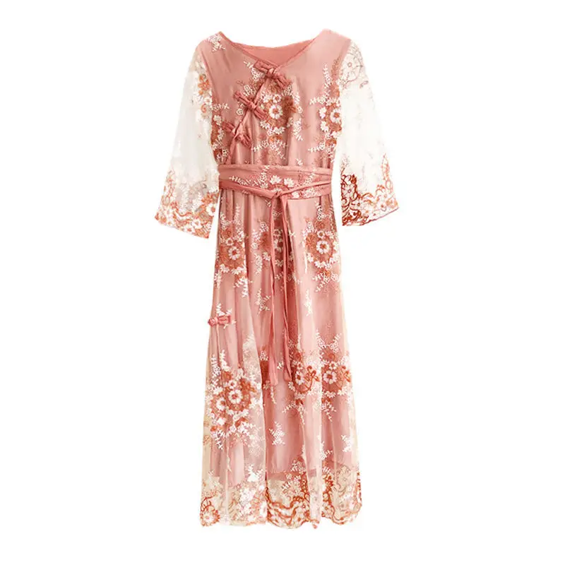 

Sweet Elegant Dress Women V-neck Vintage Floral Dress Party Evening Dress for Fenales Korean Style Bandage Design 2021 Summer