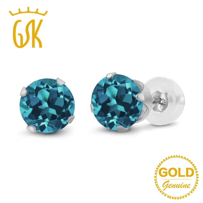 Серьги гвоздики GemStoneKing 1 10 Ct с круглой огранкой London Blue Topaz Gemstone 14K из белого золота