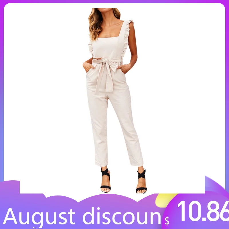 Женский льняной комбинезон с рукавами воланами и карманами лето 2019 пояс цвета