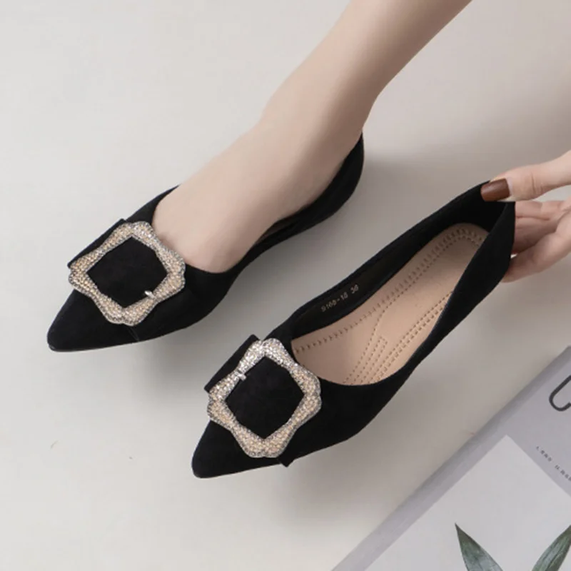 Metal Paillette Crystal Buckle Flats Woman Grandma Shoes Women Sneakers Loafers Pointed Toe Flock Moccasins Femme Big Size 34-42