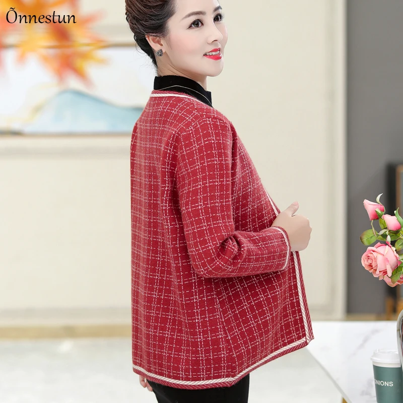 

Sweater Jacket Women New Autumn Cardigan Coat Knitwear Crop Top Mother Jumper Women Clothes Plaid Sweaters For Women