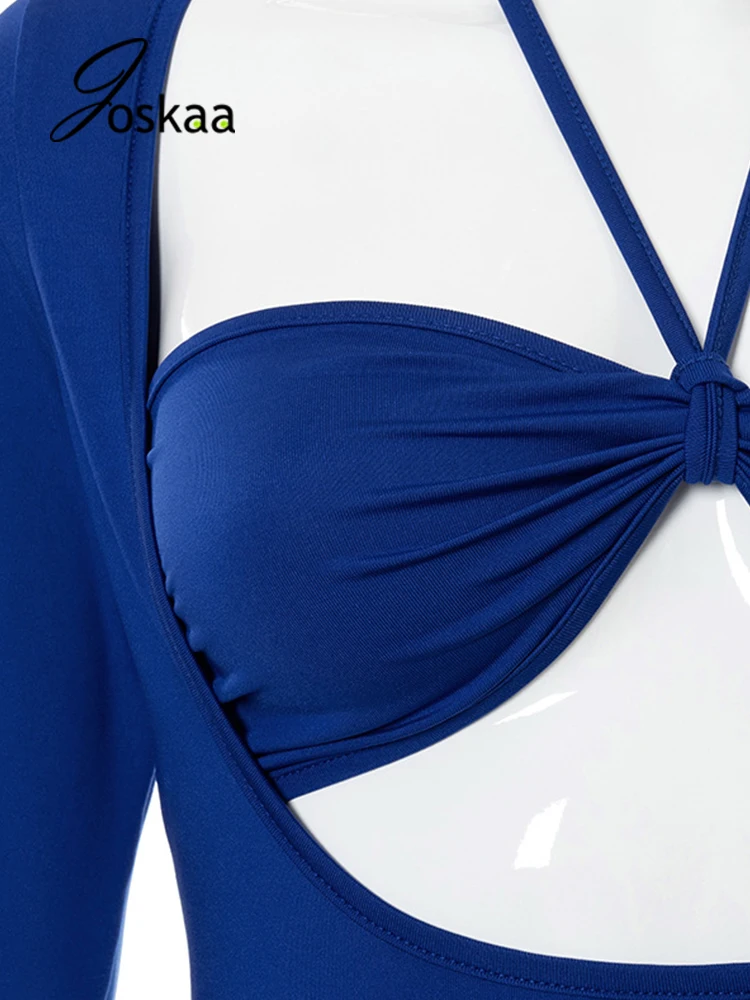 

Joskaa Solid Color Halter Hollow Out Long Sleeve Bodycon Mini Dress Women Street Clothing Fall 2021 Sexy Party Night Club Outfit