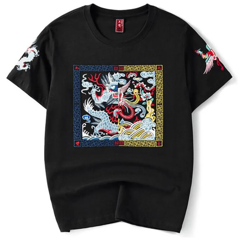 Футболка мужская с вышивкой дракона и феникса в стиле хип-хоп | Мужская одежда