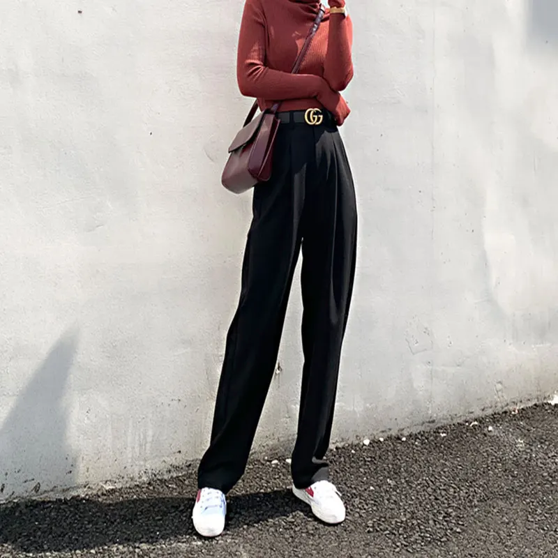 

Chic High Waist Loose Straight Pants Women Office Ladies Suit Pant 2021 Female Long Trousers pantalon femme