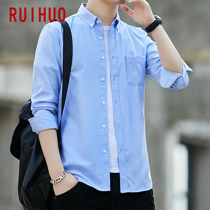 RUIHUO Однотонная рубашка с длинными рукавами для мужчин Slim Fit Оксфорд повседневные