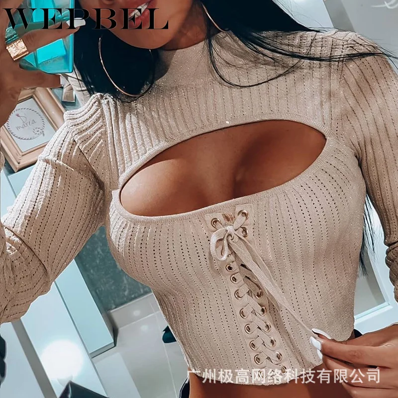 

Mandylandy Women Autumn Spring Autumn Bandage Knitted Crop Top Shirt Lady Long Sleeve O Neck Short T-shirt Knitwear