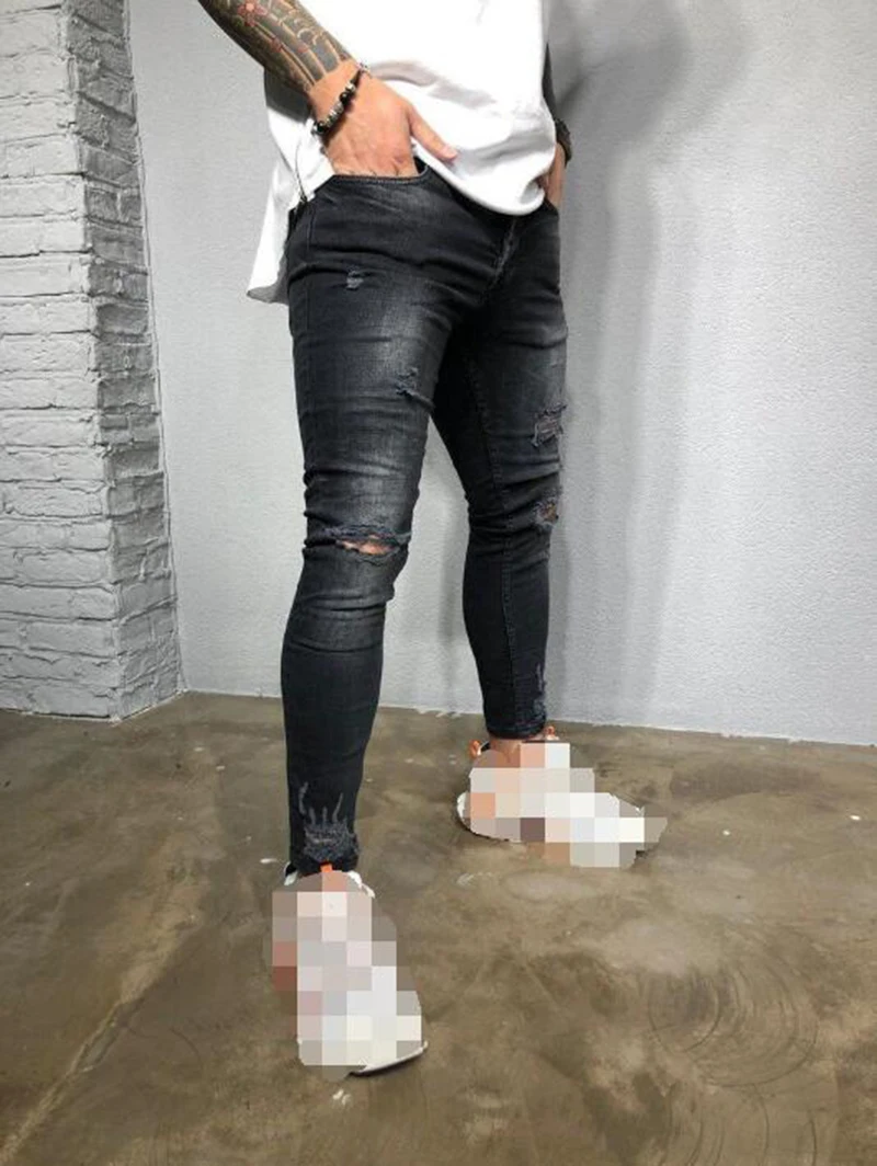 Ripped Jeans for Men Casual Skinny Stretch Black Distressed Jeans Men Sexy Hole Mid Waist Denim Pencil Pants