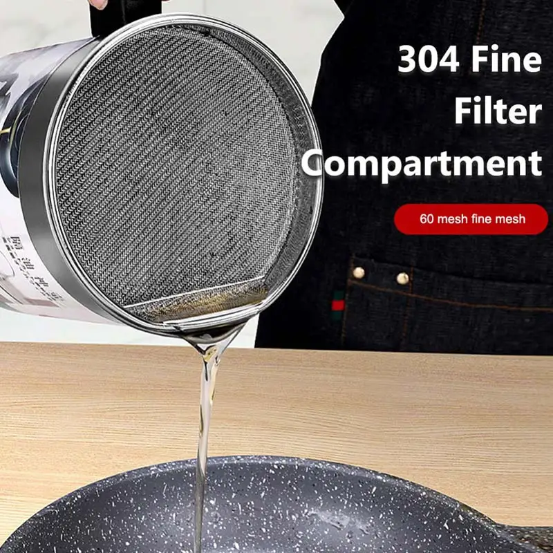 

1.4L/ 1.7L Stainless Steel Lard Tank Oil Filter Pot Large Capacity Filter Oil Separator Storage Tank Kitchen Tools Oil Kettle