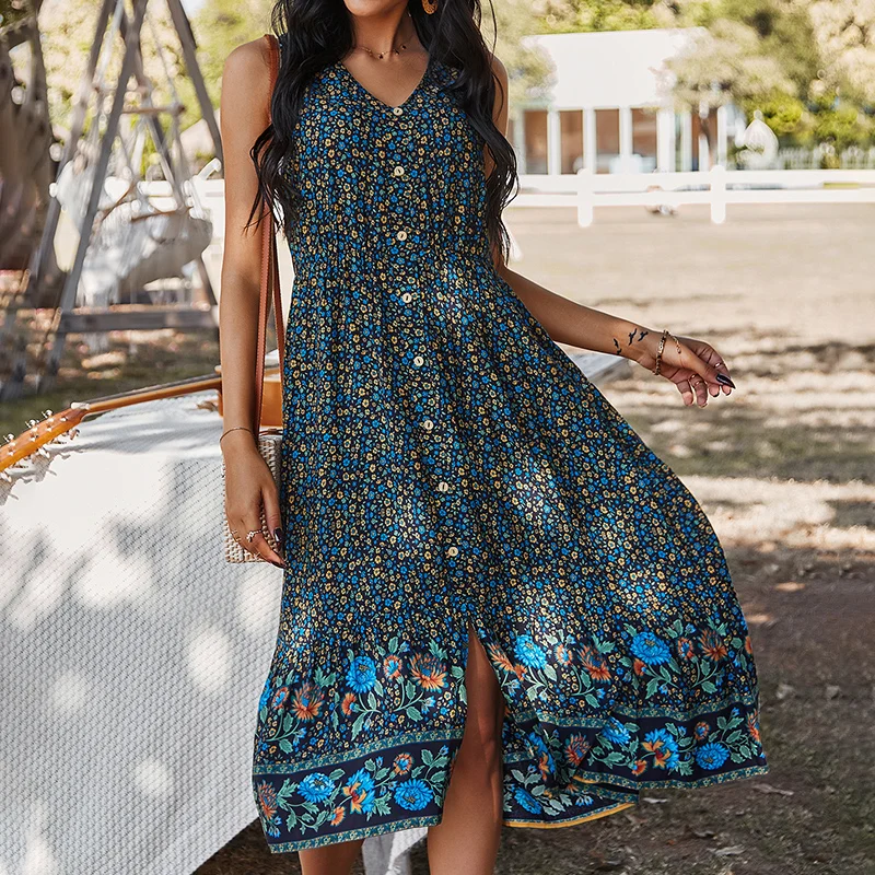 Платье Макси женское в стиле бохо с высокой талией без рукавов|Женские платья| |