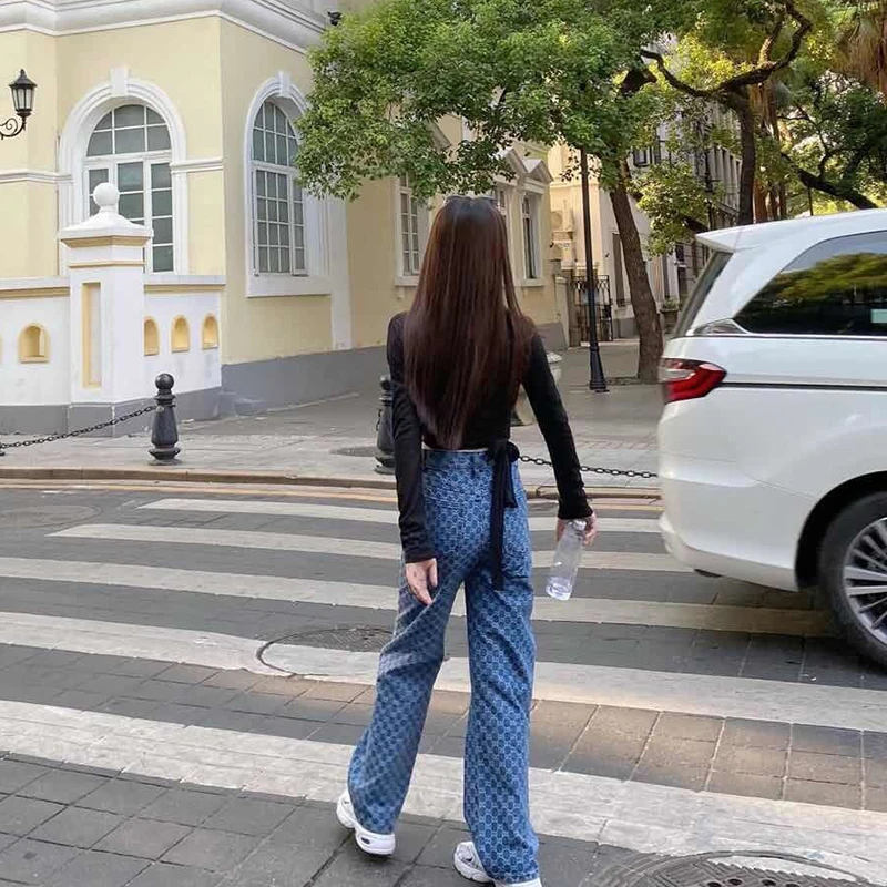 

Woman blue plaid vintage wide leg pants high waist straight ankle-length pants sweatpants jogger clothes pantalones jeans ins