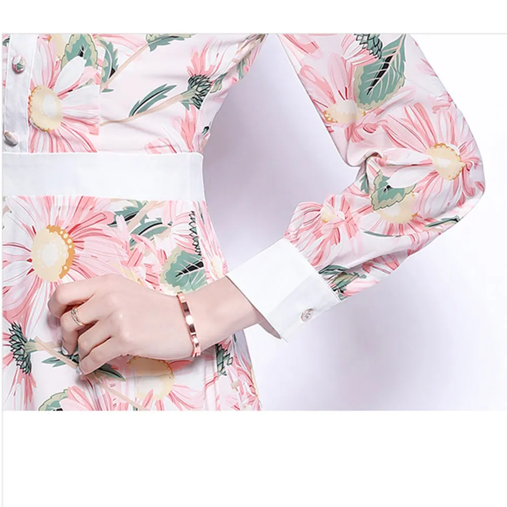 

Merchall Holiday Flower Print Maxi Dress Female's Turn Down Collar Long Sleeve Buttons Slim Robe Woman 2021 Summer Dress M68380