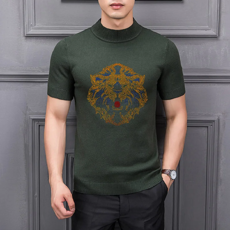 

Men's Sweater Lion Head Striped Hot Rhinestone Knitting Semi-High Collar Male Half-Sleeved Exclusive Pullover Brand Representati
