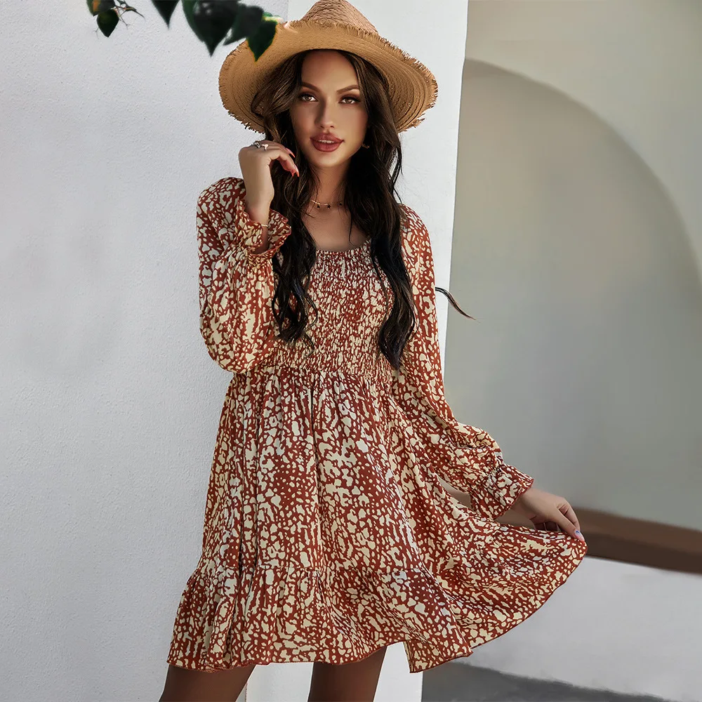 

2021 Summer Retro Print Dress Long-sleeved Pleated Puff Skirt A-line Skirt Casual Square Collar Holiday Sweet Beauty Dress