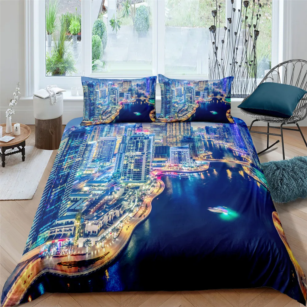 

3D Night View Printed Bedding Set Duvet Quilt Cover Pillowcases For Home Bedroom Single Queen King Size