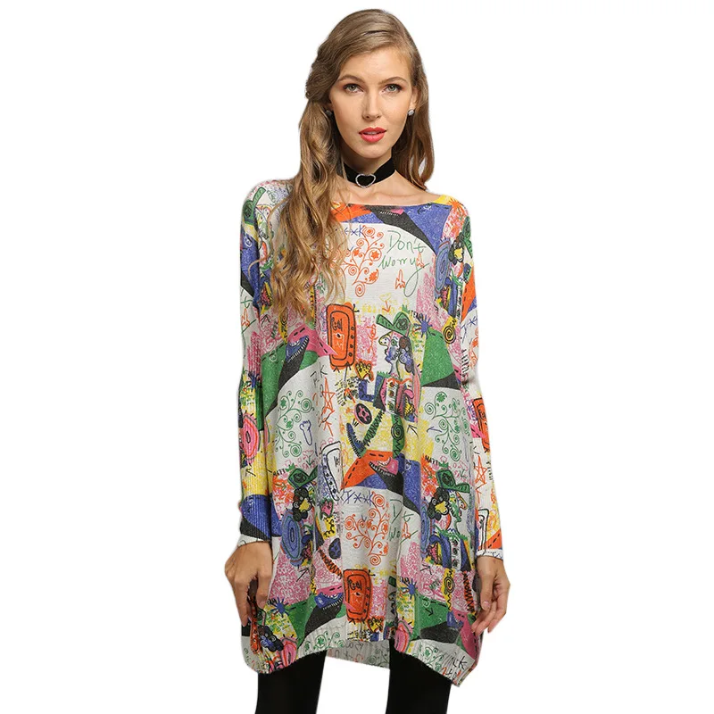 Женское платье-свитер с принтом граффити длинные пуловеры рукавами летучая мышь