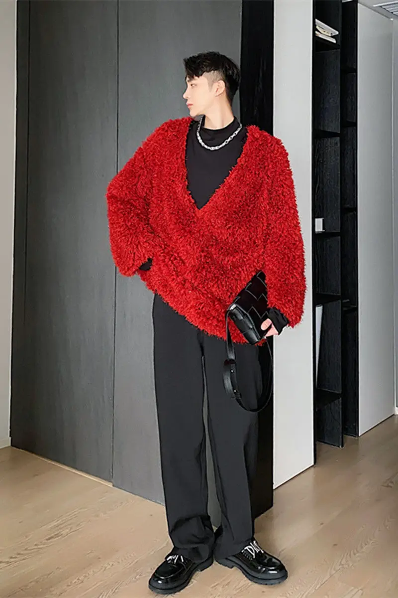 

IEFB Pullover Plush Tassel V Collar Oversize Sweater For Men 2020 Spring New Japanese Streetwear Fashionable Tops Loose 9Y5002