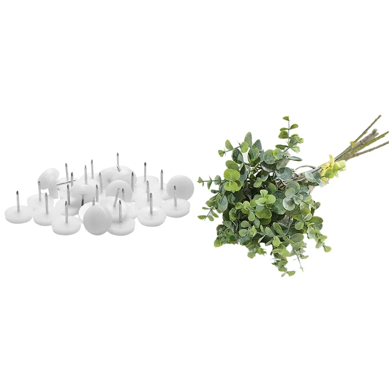 

30x Table Chair Foot Floor Skid Slide Pad Nail Protectors 25mm Dia & 6 Pcs Eucalyptus Plastic Artificial Leaves Bunch