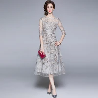 2021 autumn new elegant dress refined handmade lace mini dress o neck office lady chiffon mid calf embroidery french party dress